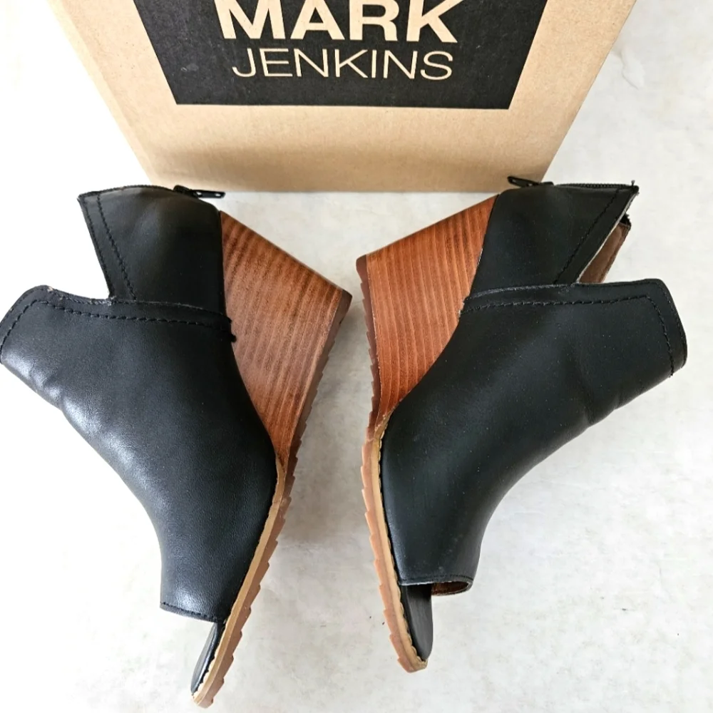 Mark Jenkins Vino Leather Black Wedge Open Toe Shoes